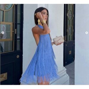ZARA NEW WOMAN FRINGED SHORT DRESS BLUE Backless Halter brand NWT